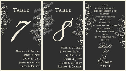 Menu Table Numbers - Elegant Wine Label Menu - Wine Label Table Numbers with Your Menu and Itinerary - Black & White Scroll Collection - I Do Artsy Weddings