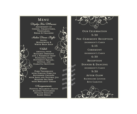 Menu Table Numbers - Elegant Wine Label Menu - Wine Label Table Numbers with Guest's Names and Itinerary - Black & White Scroll Collection - I Do Artsy Weddings